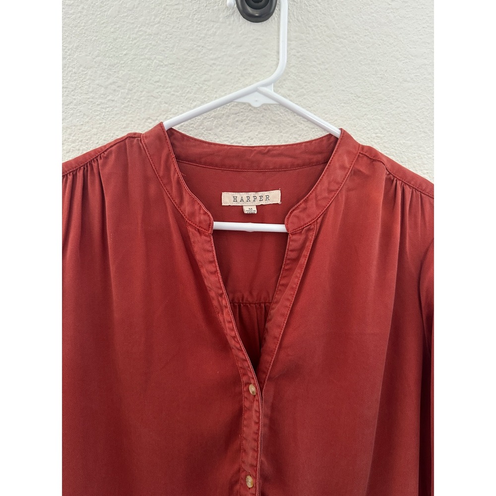 Harper Peplum Blouse Women Medium Rust Red Long Sleeve Raw Hem Lyocell Boho - Picture 6 of 9